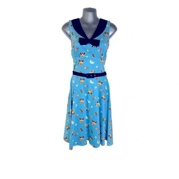 Voodoo Vixen Rockabilly 50s Swing Dress Blue Cat Print Retro Pinup Flair Size S - Picture 3 of 13